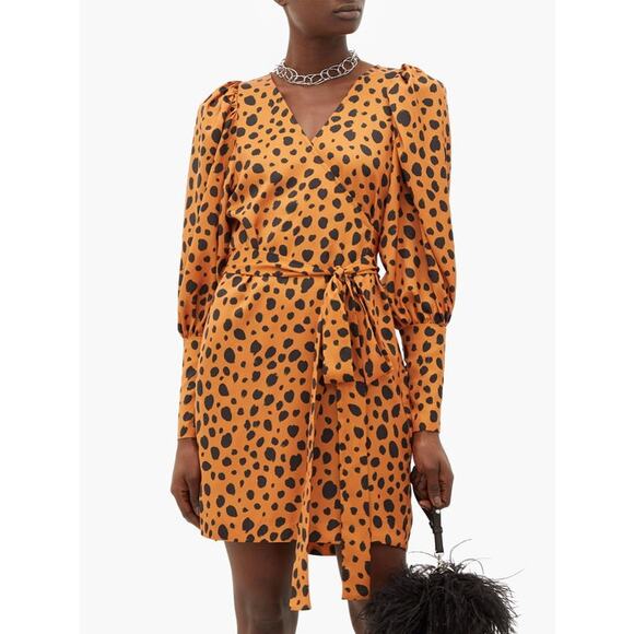 RHODE Frankie Leopard-Print Polka-Dot Satin Wrap Dress SIZE XS - Picture 3 of 14
